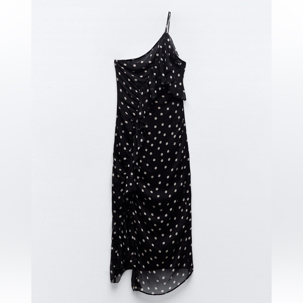 Cute One-Shoulder Black Polka Dot Dress with Ruffles